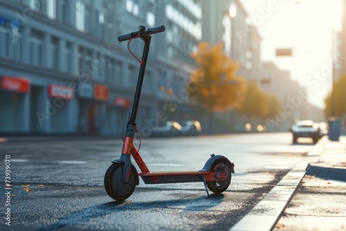 Photorealistic view of an electric scooter parked on the roadside in the midst of the urban landscape