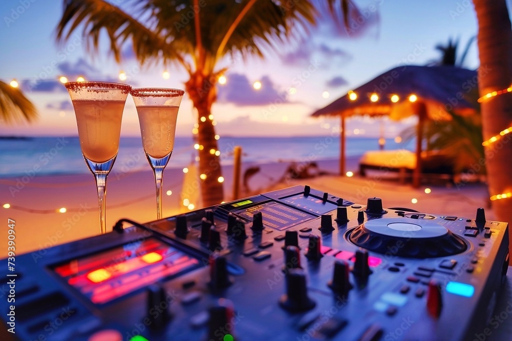 Dj mixer with two glasses of champagne on the beach at sunset - obrazy, fototapety, plakaty 