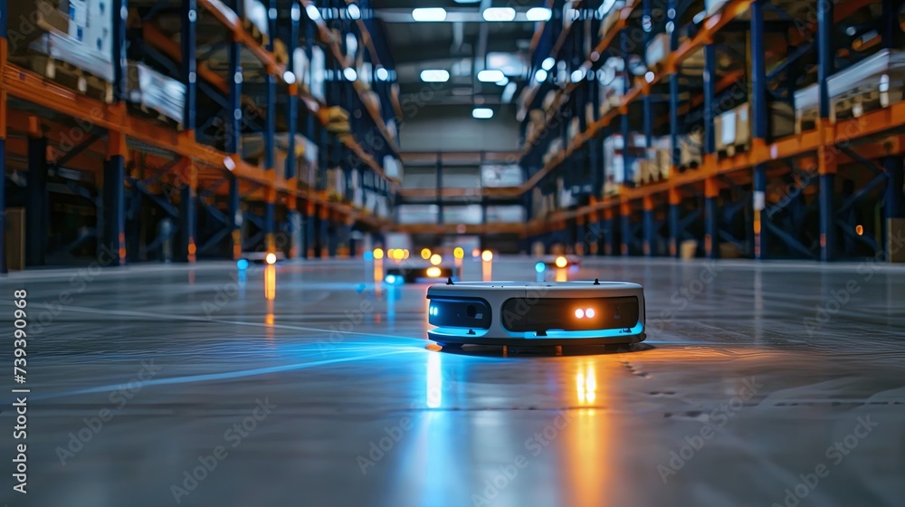 An autonomous robotic vehicle with glowing lights navigates through the ...