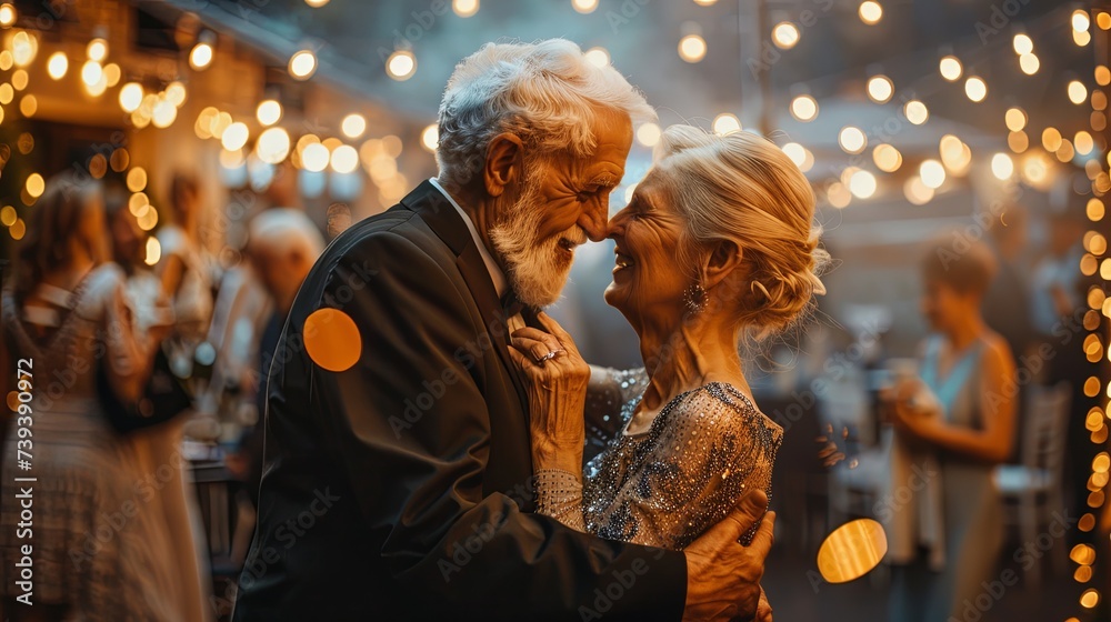 An elderly couple in formal attire shares a tender moment while dancing, surrounded by soft lights at an evening event. Elderly Couple Sharing a Dance at a Party

