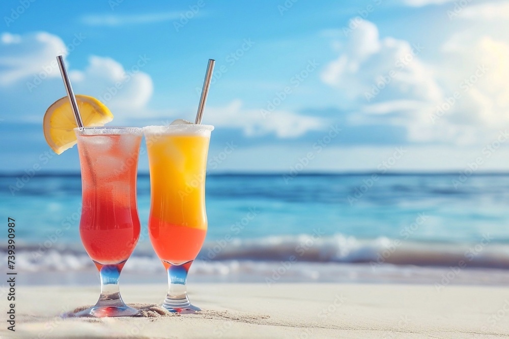 Colorful cocktails on the beach with sea and sky in the background