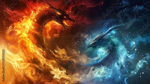 Elemental spirit Conceive a fire breathing dragon merging with a sea serpent embodying the power of both fire and fozen water dragon photo
