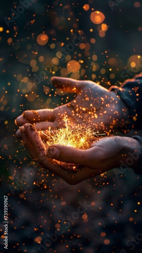 Cradling magical sparks spell of inspiration within its core in the hand at night