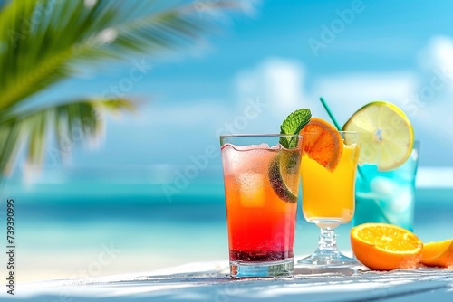 Cocktails on the beach with palm trees and turquoise sea