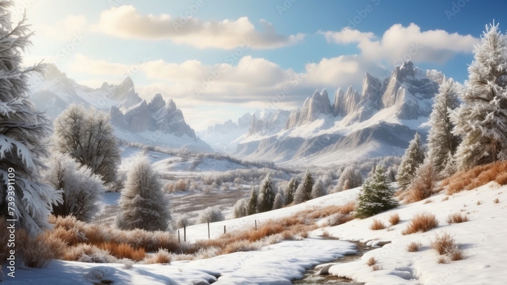 Imagine a beautiful and charming scene with a valley in the background, with a layer of snow covering the ground and cones hanging from the branches of trees