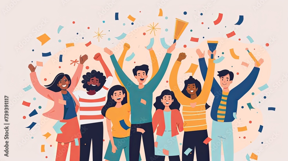 An animated illustration of a diverse group of people celebrating together, with confetti and festive elements representing joy and success. Diverse Group Celebrating Success with Confetti
 - obrazy, fototapety, plakaty 