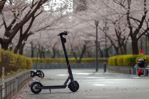 Spring streets adorned with a photorealistic representation of electric scooters in a stationary position, complementing the season's lively atmosphere