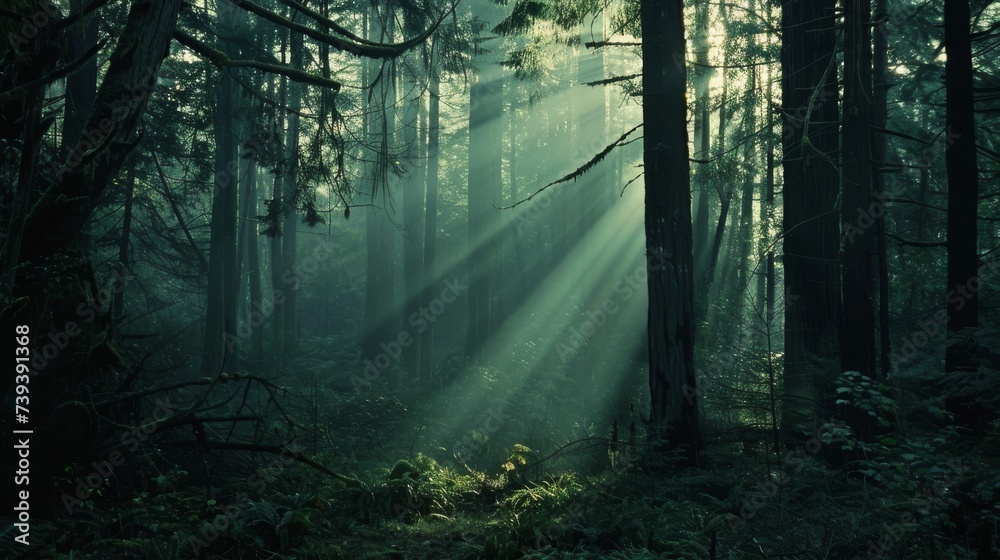 A tranquil forest scene with rays of sunlight filtering through the trees - obrazy, fototapety, plakaty 