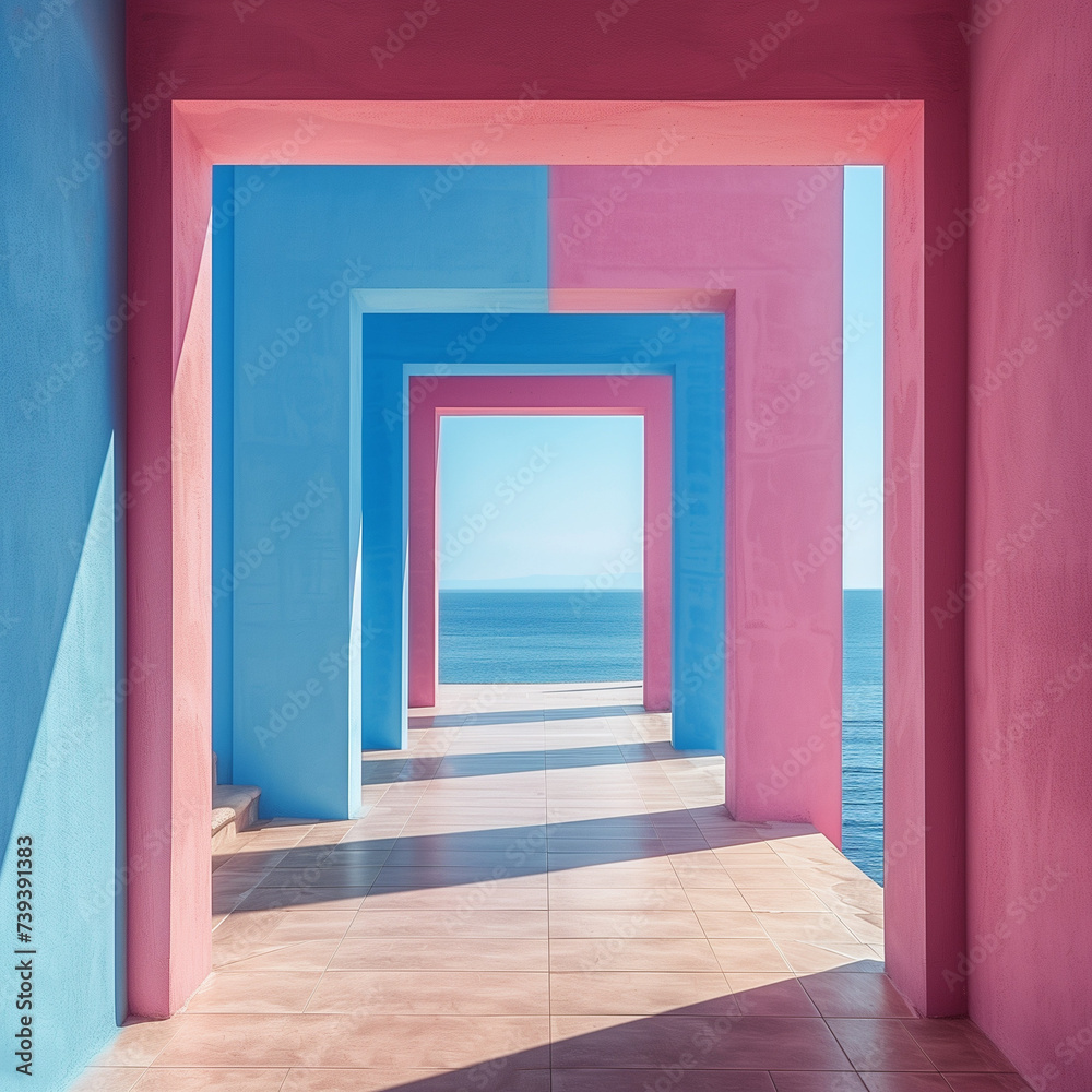 Vibrant geometric architectural structure with pink and blue walls, providing a stunning view of the ocean through framed doorways. Vibrant geometric architectural structure with pink and blue walls, providing a stunning view of the ocean through framed doorways.