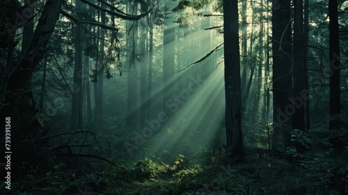 A tranquil forest scene with rays of sunlight filtering through the trees