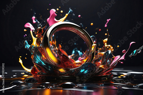 Sparkling gold rings fall in colorful blobs of paint on a black background