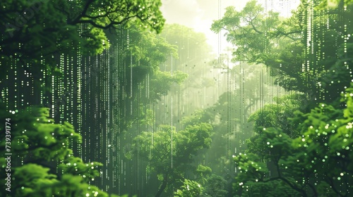 A fusion of nature and technology in a pixelated forest photo