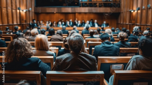 A courtroom filled with anxious stakeholders during a lawsuit photo