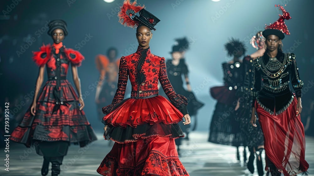 Fashion models parade on the runway in striking red avant-garde ensembles, featuring unique headpieces and bold patterns, at a high-fashion event. Fashion Models Showcasing Avant-Garde Red Outfits on
