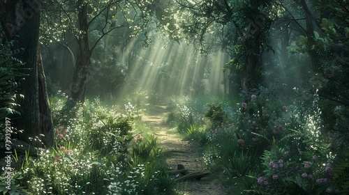 Enchanted Forest Path with Sunlight Filtering Through Trees 