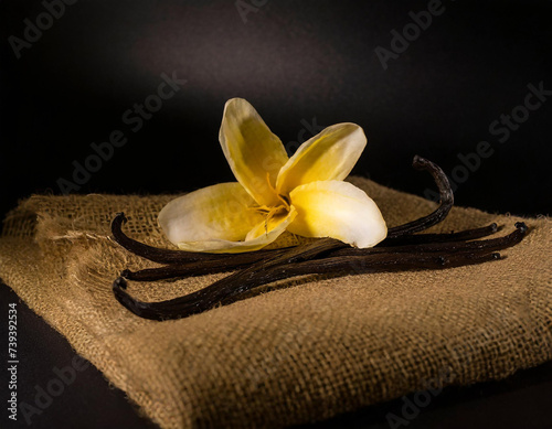 vanilla on eco fabric, product photography, food, restaurant, macro, black background