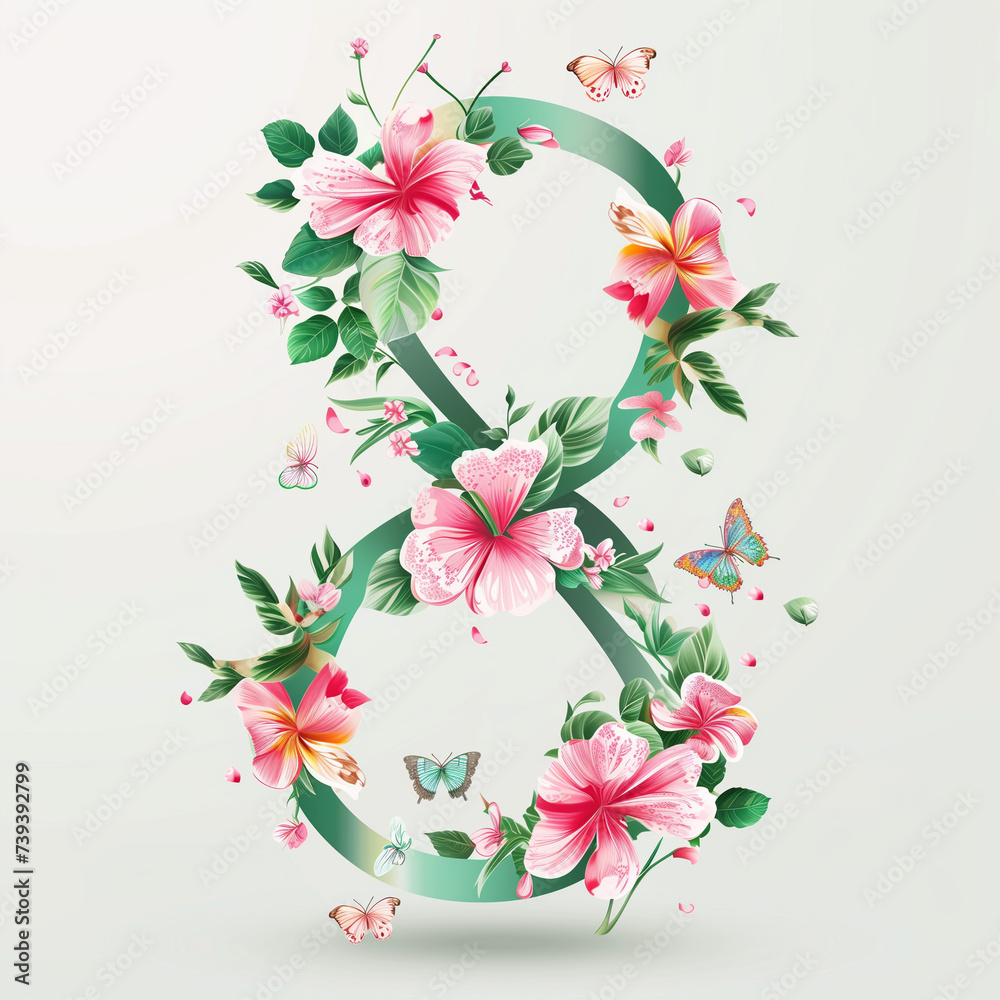 women's day, women day, stylized figure eight made od flowers and satin ribbon, butterflies, pink and green, vector illustration - obrazy, fototapety, plakaty 