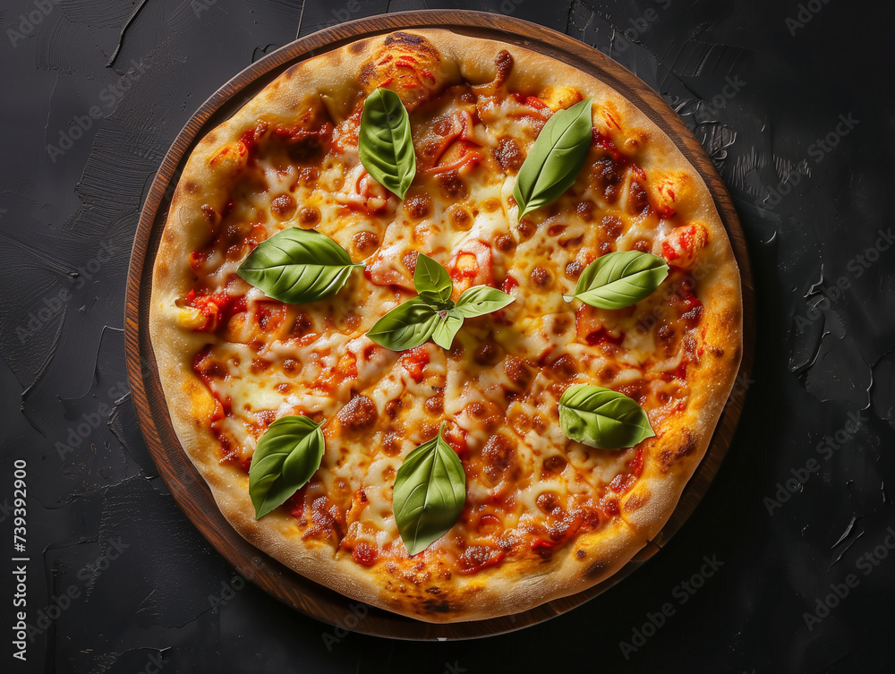 Tasty Italian pizza , top view on dark background