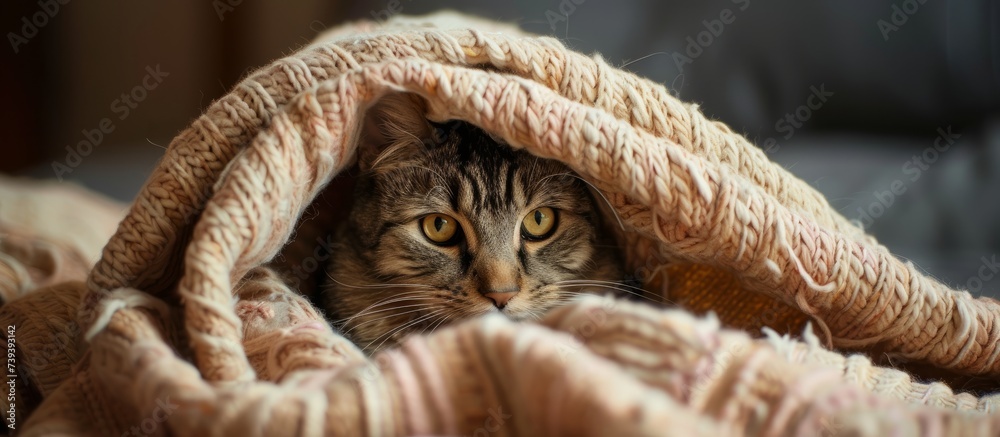 Curious cat peeking out from under cozy blanket on a comfortable bed