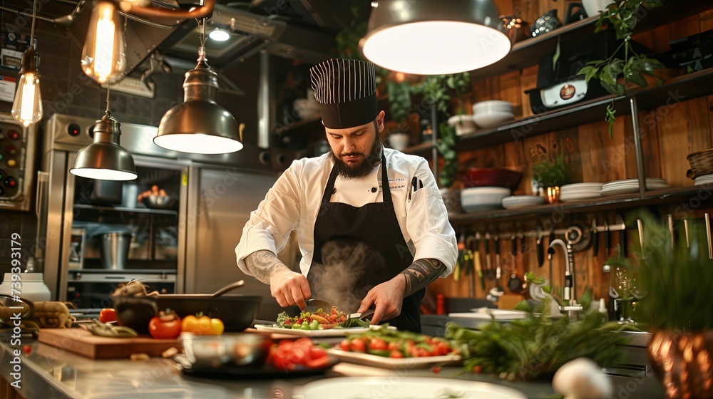 Chef Intently Preparing Salad in Cozy Kitchen Setting A focused chef ...