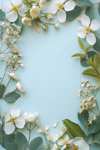 White Flowers and Green Leaves on Blue Background card