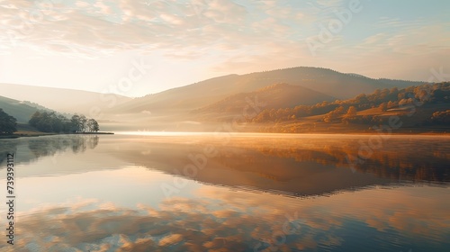 The tranquil waters of a serene lake reflect the golden hues of sunrise, with mist rolling over a scenic mountain landscape in the background. Serene Lake at Sunrise in Misty Mountain Landscape