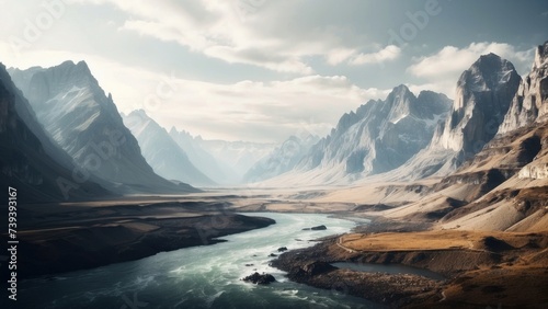 A unique and diverse mountain range, with huge cliffs and rivers, depicted in a stylized and abstract manner photo