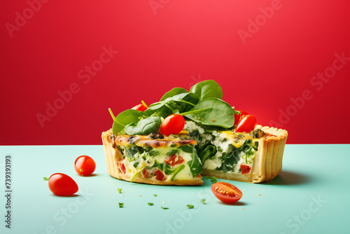 Spinach tart with trendy colorful background, space for text © Olivia