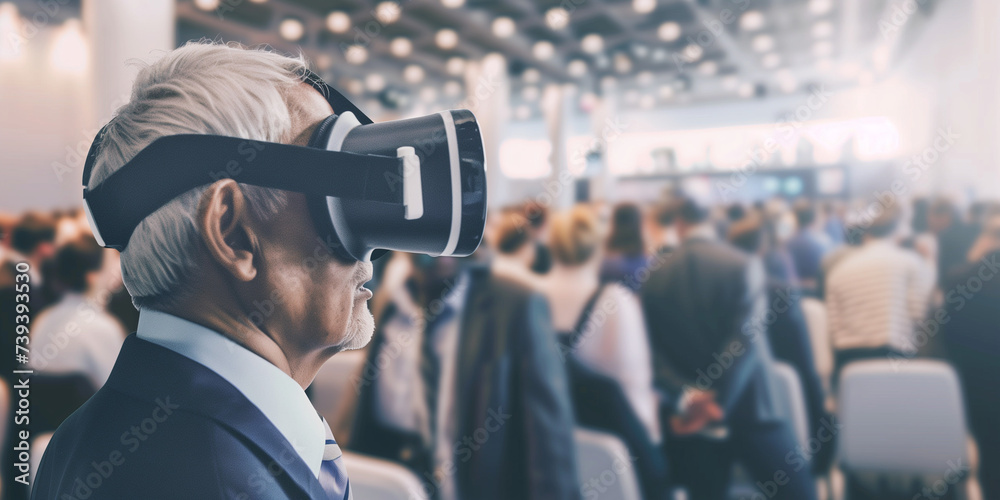 Vr experience senior business manager man attending meeting wearing vr virtual glasses standing in auditorium convention hall with crowd of business people background Vr experience senior business manager man attending meeting wearing vr virtual glasses standing in auditorium convention hall with crowd of business people background