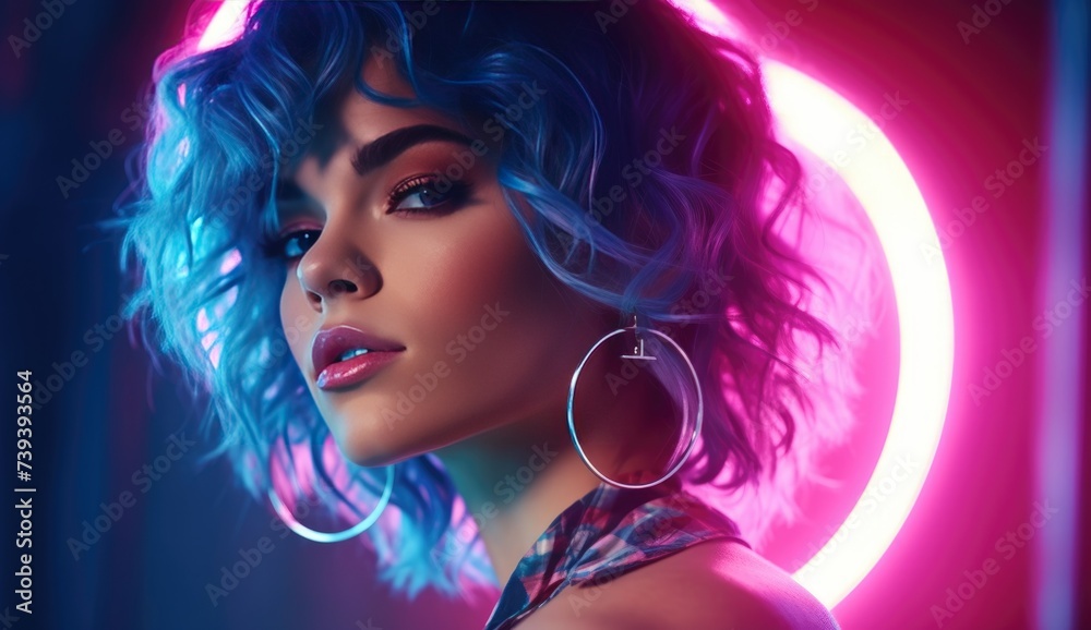 Vibrant Neon Portrait of Woman with Blue Hair and Hoop Earrings