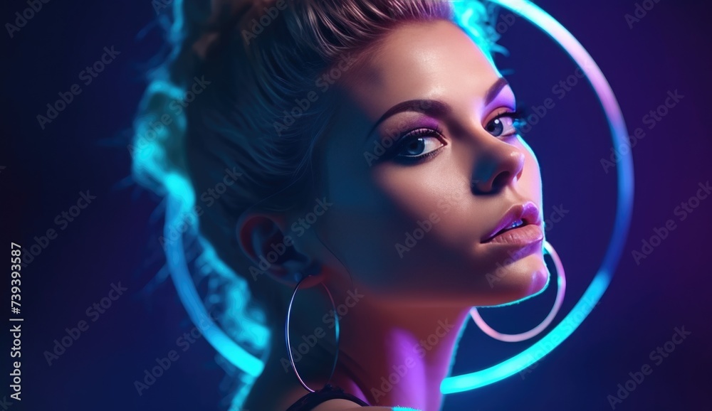 Neon Light Portrait of Woman with Hoop Earrings and Updo Hairstyle Neon Light Portrait of Woman with Hoop Earrings and Updo Hairstyle
