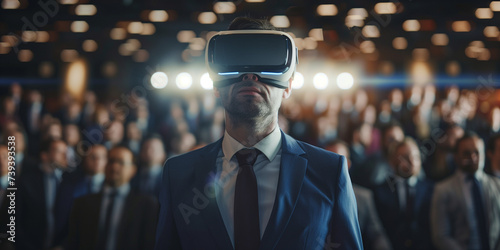 Vr experience senior business manager man attending meeting wearing vr virtual glasses standing in auditorium convention hall with crowd of business people background