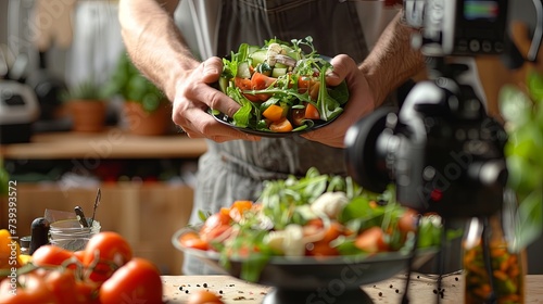 A culinary blogger displays a bowl of freshly prepared garden salad to a camera, creating engaging content for a healthy eating lifestyle audience.
