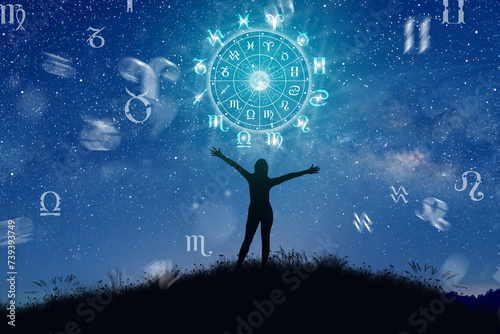 Astrological zodiac signs inside of horoscope circle. Illustration of Woman silhouette consulting the stars and moon over the zodiac wheel and milky way background. The power of the universe concept.