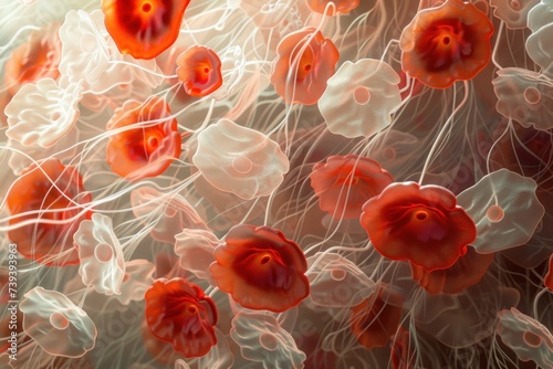 Digital illustration of red and white blood cells, depicting the complexity of the human circulatory system.