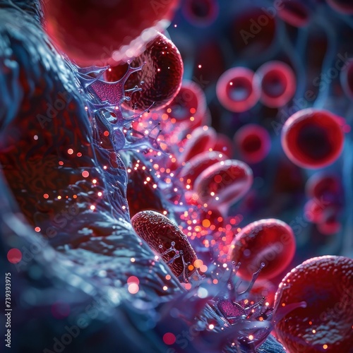 Highly detailed close-up view of red blood cells, showcasing the beauty and complexity of human biology.