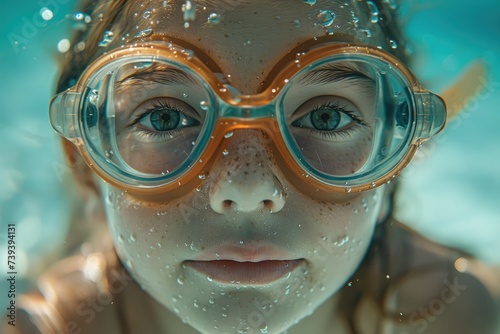 A young girl gracefully explores the depths of the ocean, her face obscured by goggles as she navigates through the clear blue water with her diving equipment, swimming like a mermaid in the great ou