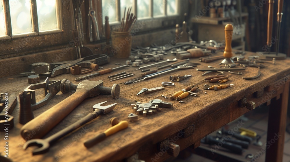 A symbolic image of diverse work tools neatly arranged on a wooden workbench, representing the spirit of various professions on Labour Day, captured in stunning A symbolic image of diverse work tools neatly arranged on a wooden workbench, representing the spirit of various professions on Labour Day, captured in stunning