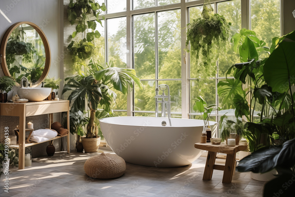 Interior bathroom with panoramic windows. Bathtub indoor plants in pots. Spa salon, hotel, relax.