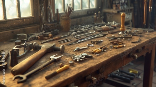 A symbolic image of diverse work tools neatly arranged on a wooden workbench, representing the spirit of various professions on Labour Day, captured in stunning