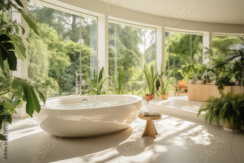 Interior bathroom with panoramic windows. Bathtub indoor plants in pots. Spa salon, hotel, relax. © Aleksandr
