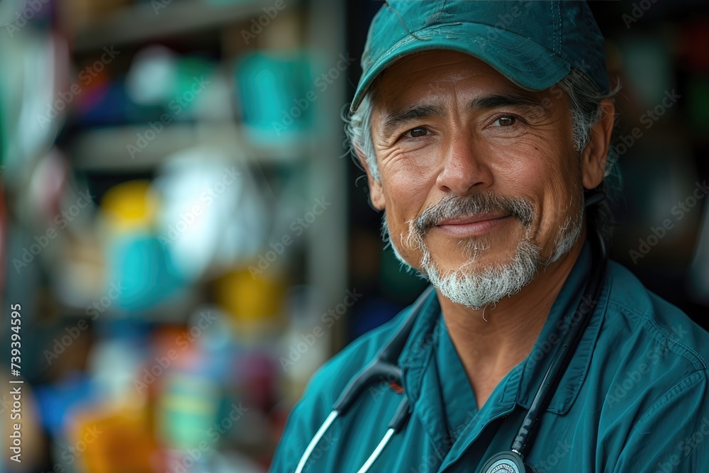 A jovial doctor with a bushy beard and stethoscope stands proudly on a bustling street, his friendly smile and well-worn hat exuding warmth and wisdom A jovial doctor with a bushy beard and stethoscope stands proudly on a bustling street, his friendly smile and well-worn hat exuding warmth and wisdom