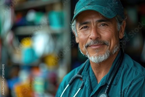 A jovial doctor with a bushy beard and stethoscope stands proudly on a bustling street, his friendly smile and well-worn hat exuding warmth and wisdom