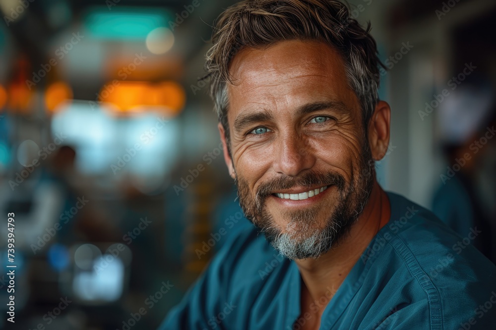 A content man with a friendly smile and a well-groomed beard looks confidently into the camera, showcasing his individual style on the bustling street A content man with a friendly smile and a well-groomed beard looks confidently into the camera, showcasing his individual style on the bustling street
