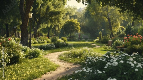 An enchanting scene of a well-maintained city park, featuring landscapers and gardeners tending to the greenery, honoring the labor behind maintaining public spaces, in high-definition