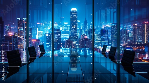The sleek interior of a futuristic boardroom featuring glass walls and modern chairs, offering a stunning panoramic view of a vibrant cityscape at night.
