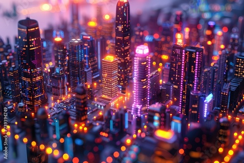 The towering skyscrapers of the bustling metropolis create a dazzling cityscape, illuminating the night with their vibrant lights and showcasing the urban energy of downtown