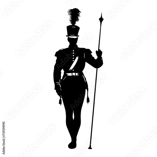 Silhouette drum major with mace in perform marching band leader