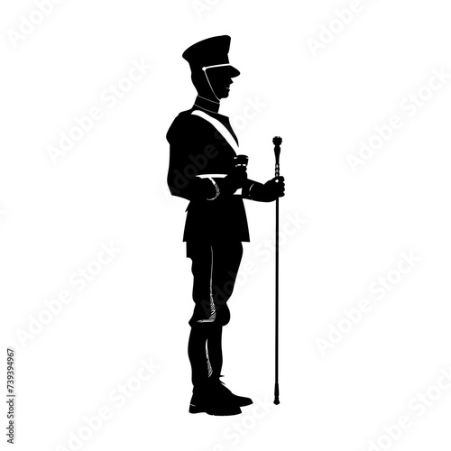 Silhouette drum major with mace in perform marching band leader
