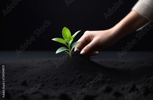 Human hands taking care of a seedling in the soil 